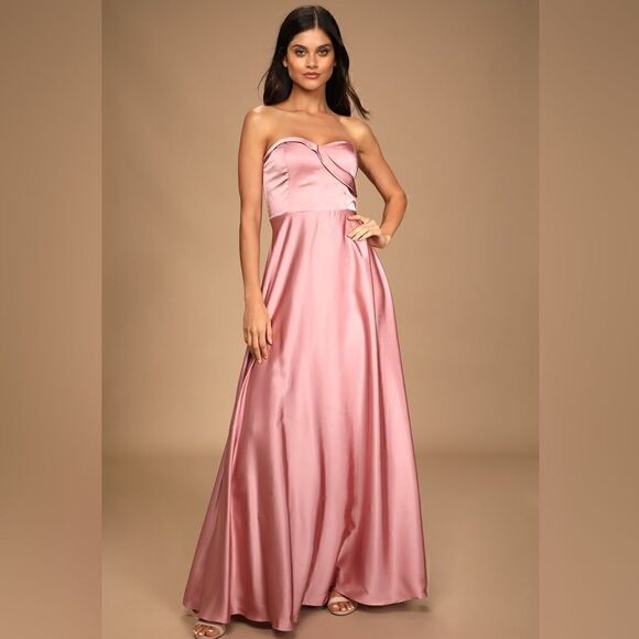 Lulu’s Real Romantic Light Rose Satin Strapless Maxi Dress Dress Dress - Picture 4 of 8